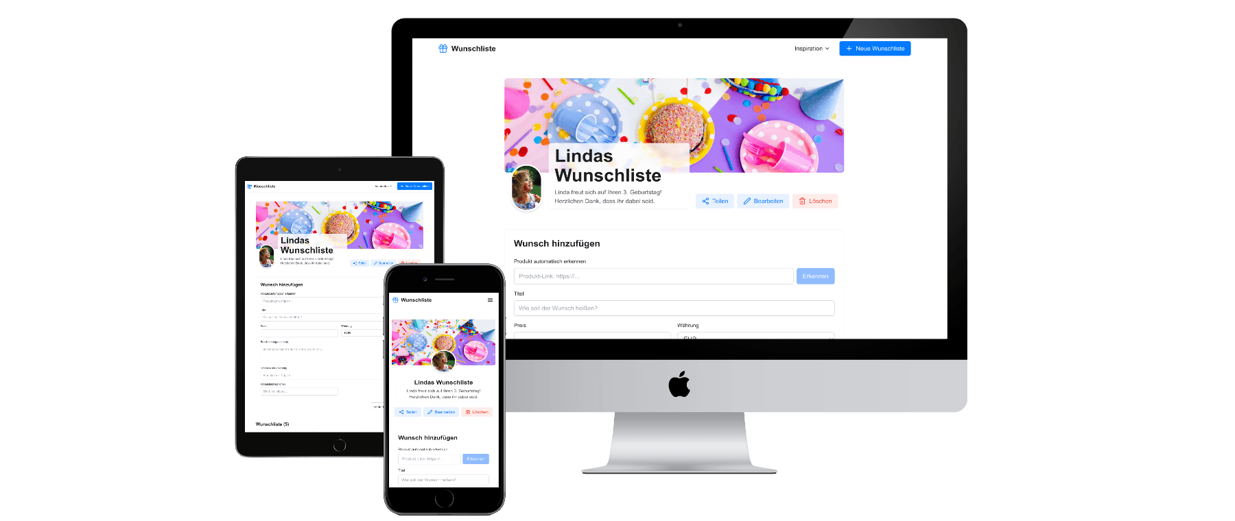 Online Wunschliste erstellen und bearbeiten - Screenshot der Bearbeitungsansicht auf verschiedenen Geräten